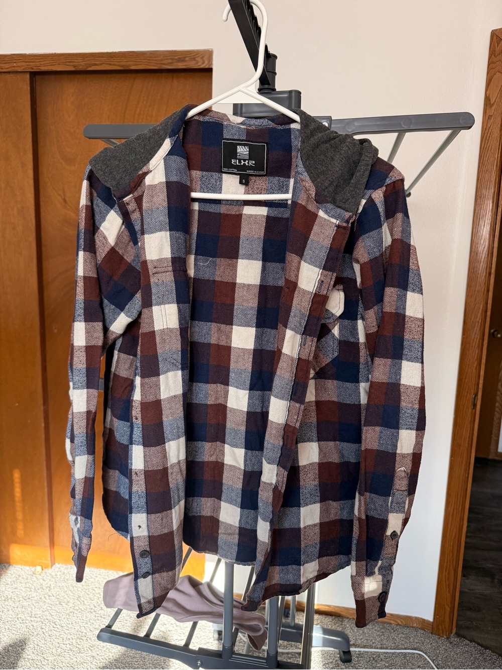 Elk Plaid Hooded Shirt Jacket - Navy, Maroon & White
